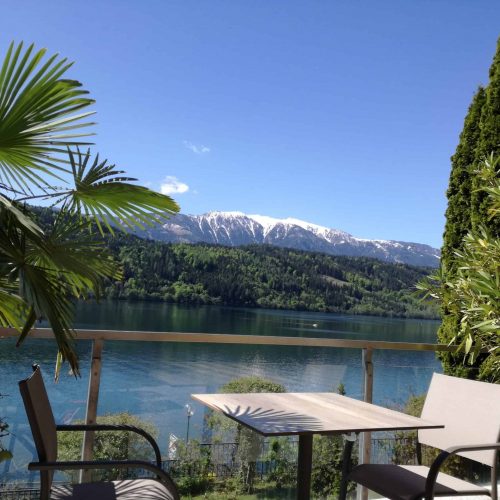 Terrace with view to Nocky Mountains and lake